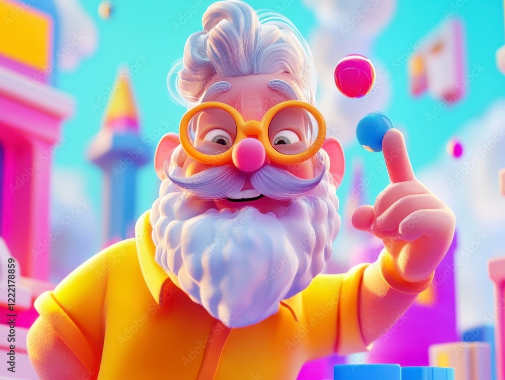 Fototapeta premium Cheerful elderly man with glasses showing colorful ball in background