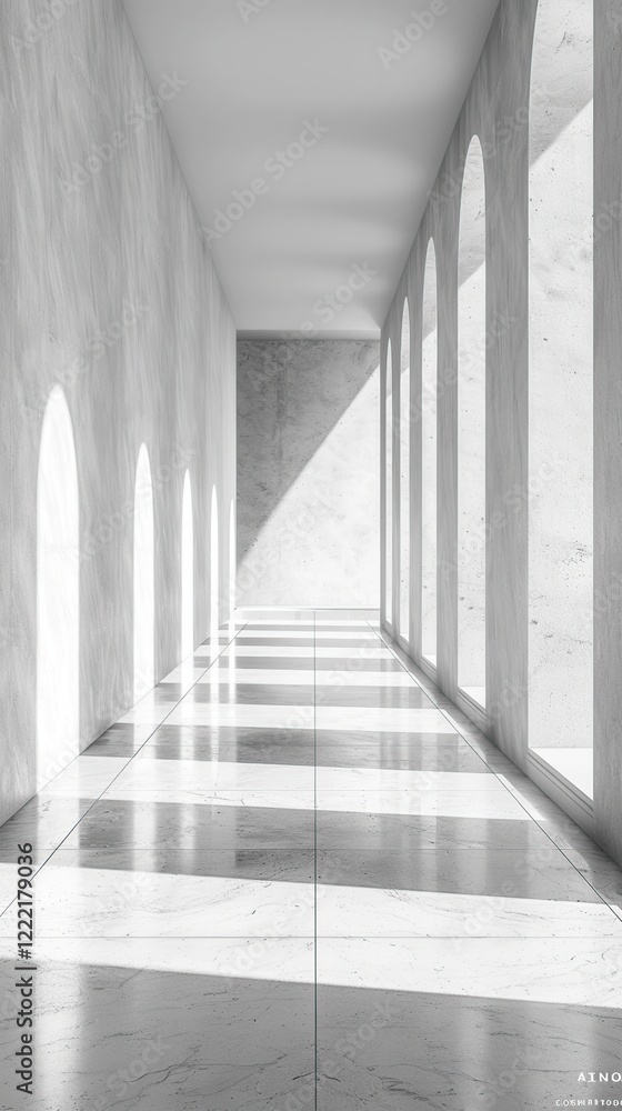 Obraz premium arafed view of a long hallway with arched windows and a tiled floor