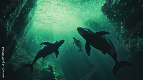 Killer whales swimming near a massive underwater cavern, bioluminescent plankton glowing around them photo