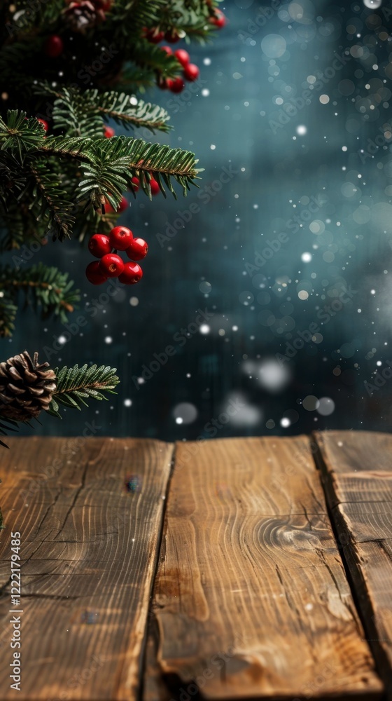 Snowy Christmas Scene with Pine Branch and Red Berries Background Snowy Christmas Scene with Pine Branch and Red Berries Background