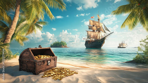 Tropical island with treasure chest and broken pirate ship. Vector cartoon sea landscape with sail boat after shipwreck with skull on black sails, palm trees and gold coins on uninhabited island