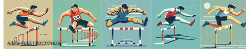 Vector collection of an athlete running hurdles