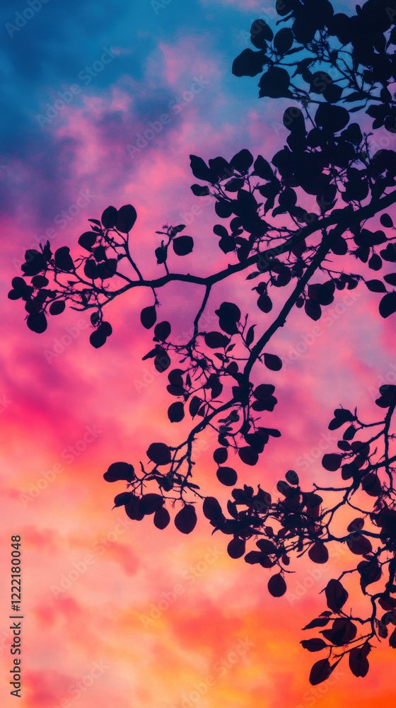 Naklejka premium beautiful sunset with vibrant colors, silhouetted leaves create stunning contrast against sky. scene evokes sense of tranquility and wonder