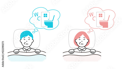睡眠中にトイレに行きたくなった中高年の男性と女性のイラスト