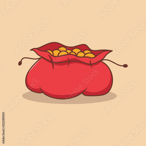 Illustration cartoon of cute lucky bag full of gold coins. Asian festival element isolated on yellow background.