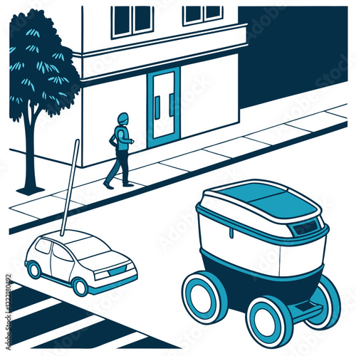 Vector art of a delivery robot on a city street, muted colors Illustrator Artwork