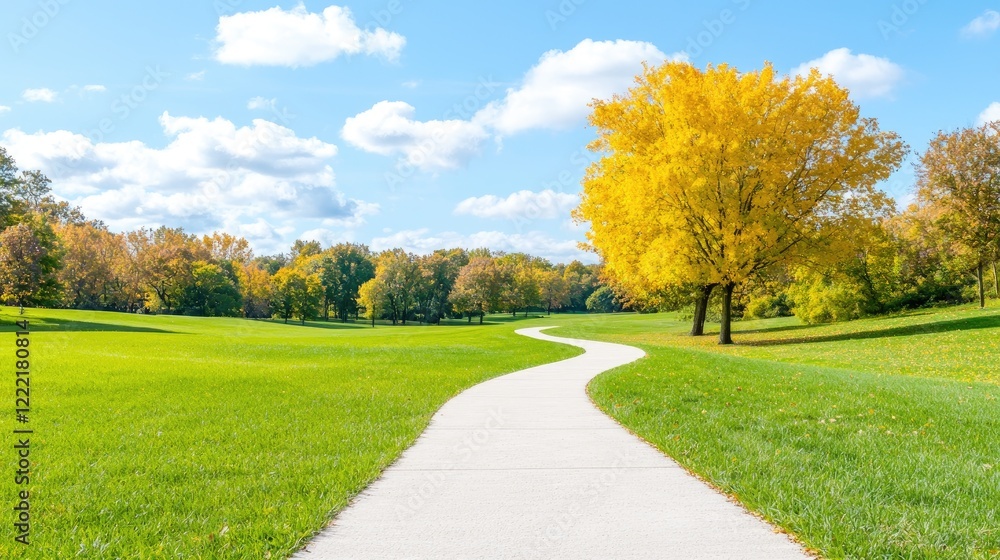 Autumn park path, winding trail, yellow tree, sunny day, landscape Autumn park path, winding trail, yellow tree, sunny day, landscape