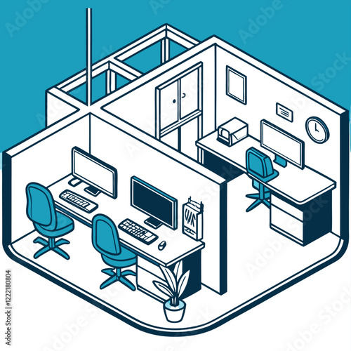 Vector graphic of a tech company workspace with ergonomic chairs Illustrator Artwork