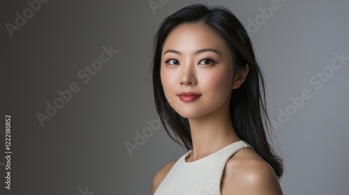 A striking Asian model poses gracefully in a softly lit studio, exuding confidence and charm. The gentle lighting accentuates her features, creating a serene and captivating atmosphere