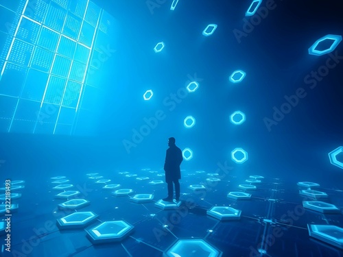 Silhouette of a futuristic figure in glowing suit, standing on a hexagonal grid in a cyberpunk world photo