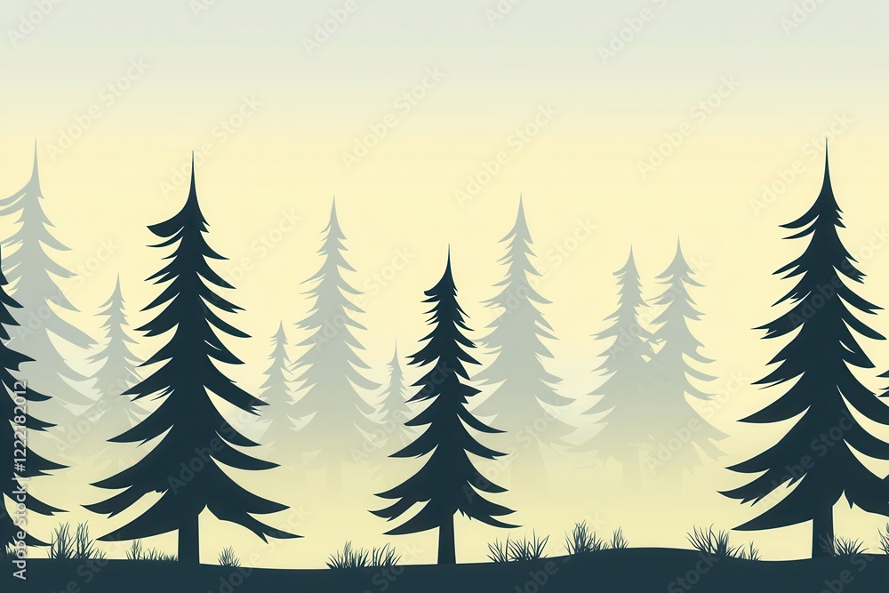 Obraz premium Forest Dawn Gradient: A forest scene where the sky transitions from a misty gray at the tree line to a pale, early morning yellow