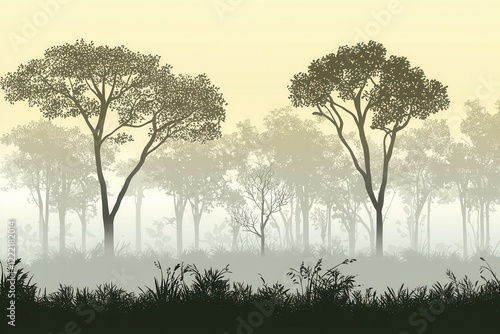 Wallpaper Mural Forest Dawn Gradient: A forest scene where the sky transitions from a misty gray at the tree line to a pale, early morning yellow Torontodigital.ca
