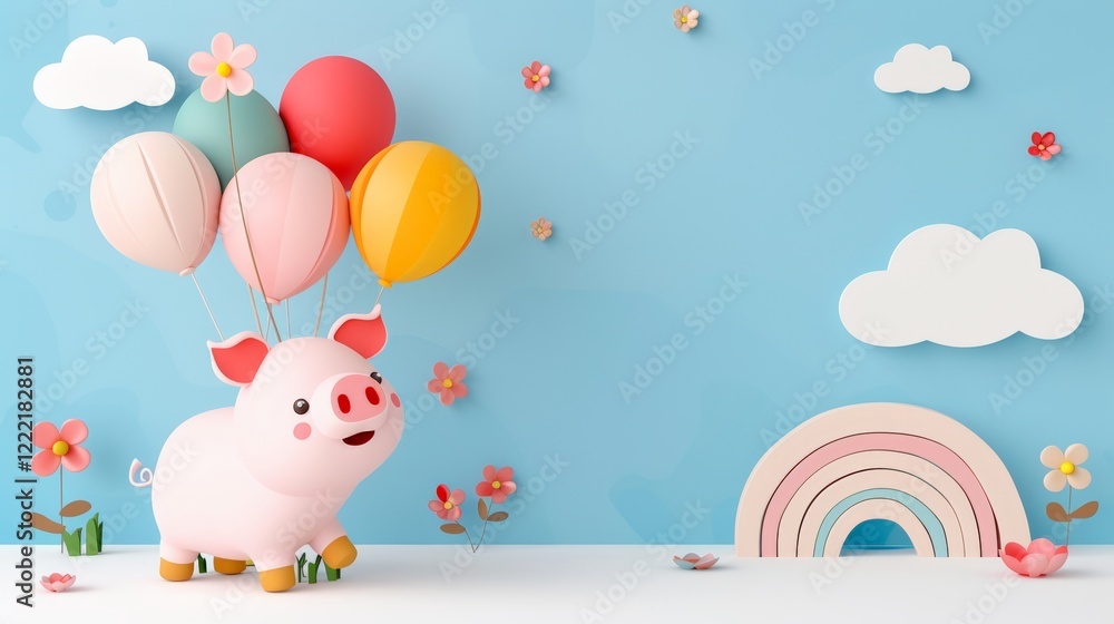 Obraz premium National Pig Day. A cute pink piglet standing in a field with colorful balloons and a rainbow.