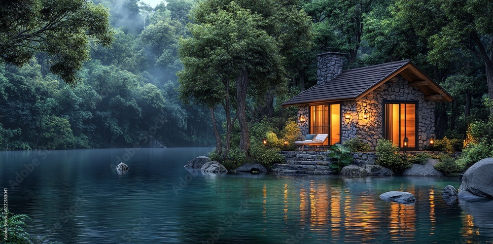 Fototapeta premium Serene Stone Cottage: Lakeside Twilight Serenity