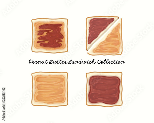 Set food illustration of peanut butter jelly and sandwich on white background