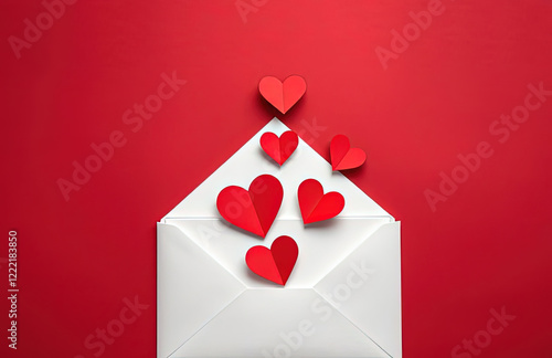 Valentine's Day Greeting Card With White Envelope Overflowing With Red Paper Cut Hearts on a Vibrant Red Background, Perfect for Valentine Day Banner, Web Bannner, Love Letters, and Romantic Gifts. photo