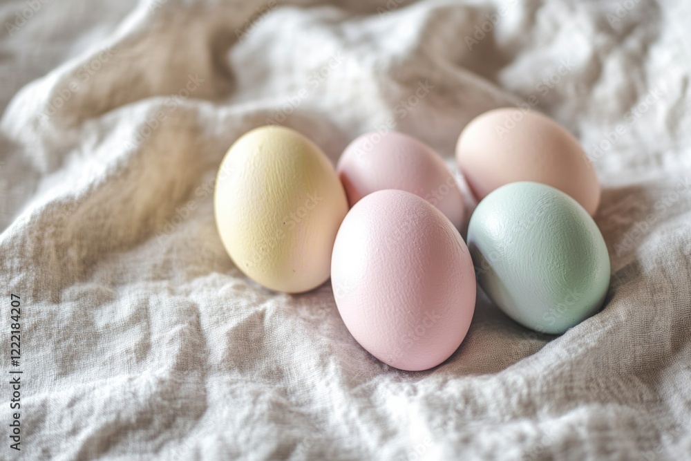 Pastel-colored eggs arranged on soft fabric create serene, festi Pastel-colored eggs arranged on soft fabric create serene, festi