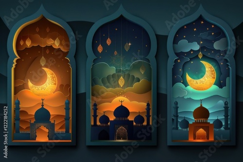 Set of Ramadan Kareem festival background. Moon in paper cut style on brown, dark blue, dark green. Islamic greeting card template
