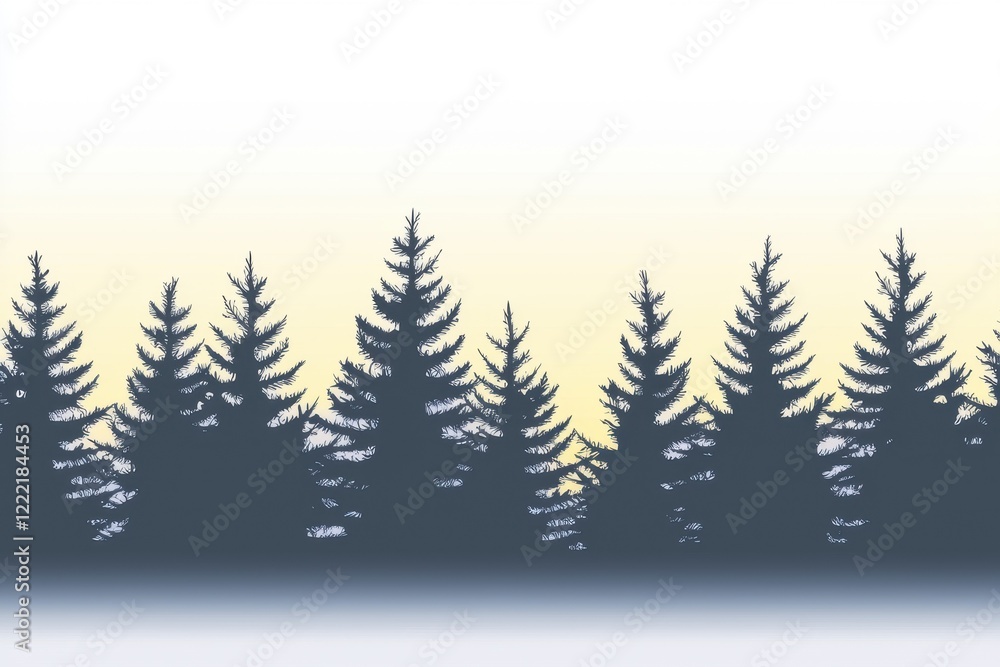 Fototapeta premium Forest Dawn Gradient: A forest scene where the sky transitions from a misty gray at the tree line to a pale, early morning yellow