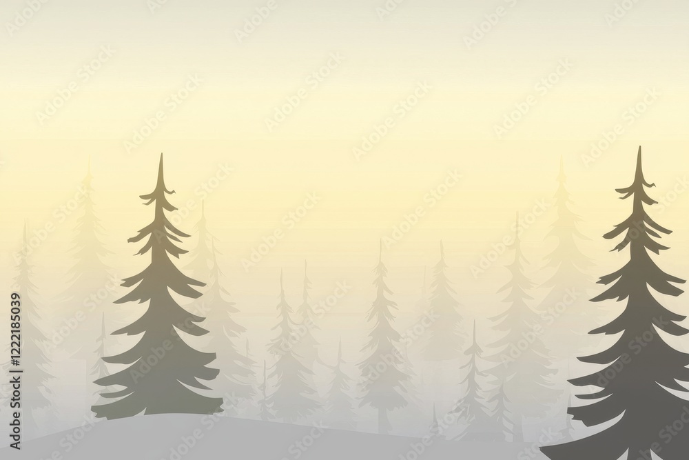 Obraz premium Forest Dawn Gradient: A forest scene where the sky transitions from a misty gray at the tree line to a pale, early morning yellow