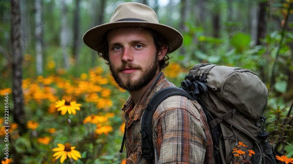 Explorer in the Wild: A Man with a Backpack Amidst a Forest of Flowers Explorer in the Wild: A Man with a Backpack Amidst a Forest of Flowers