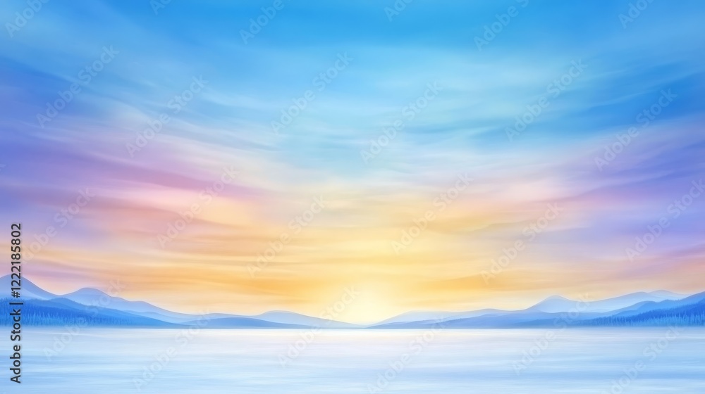 Fototapeta premium Frozen lake sunset, winter landscape reflecting vibrant hues of twilight tranquil