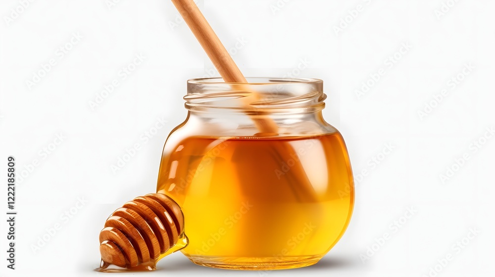 Isolated glass jar of golden viscous honey with a wooden dipper on a clean transparent background Minimalist still life composition for product food or cooking concepts Isolated glass jar of golden viscous honey with a wooden dipper on a clean transparent background Minimalist still life composition for product food or cooking concepts