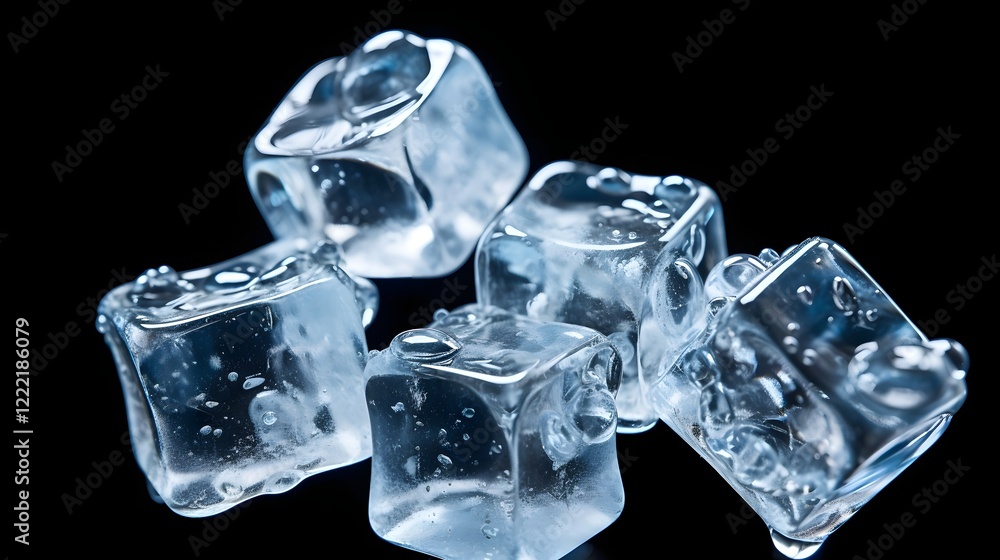 Isolated transparent ice cubes with water droplets on a clean minimalist background in a 16 9 aspect This image showcases the elegant modern and refined details of the icy glassy objects