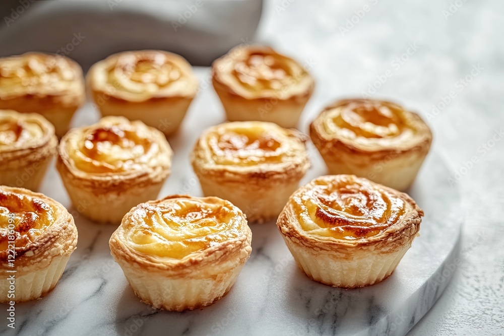 Golden pastries with delicate swirls, arranged neatly on marble Golden pastries with delicate swirls, arranged neatly on marble