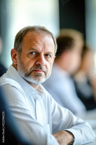 Focused man engaged in conversation, showcasing thoughtful expre photo