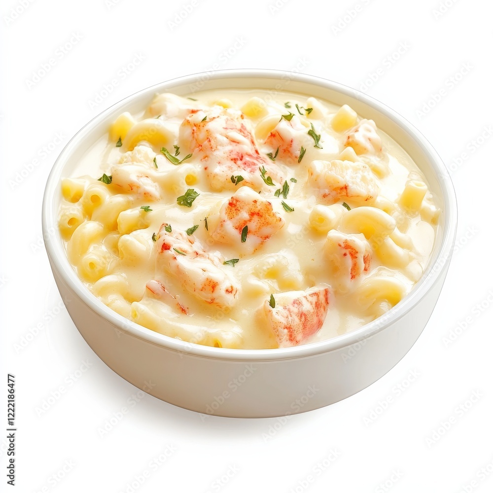 A bowl of creamy lobster macaroni and cheese, isolated white background, modern art style A bowl of creamy lobster macaroni and cheese, isolated white background, modern art style