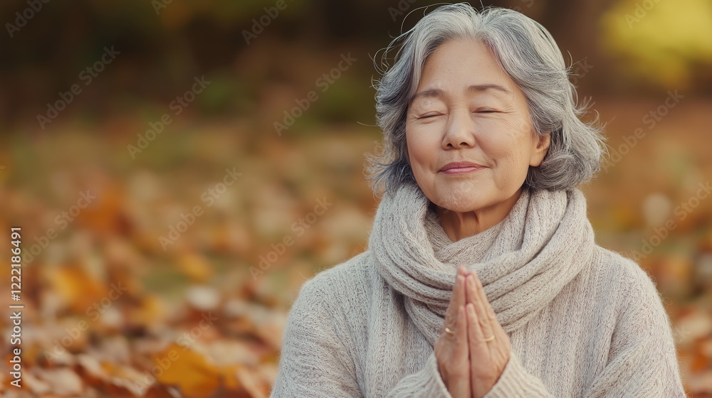 Serene Elderly Woman Meditating in Autumn Park Surrounded by Colorful Leaves Serene Elderly Woman Meditating in Autumn Park Surrounded by Colorful Leaves