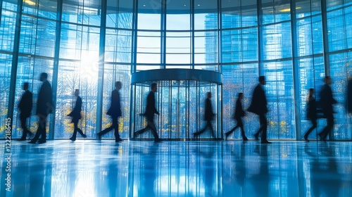 A bustling business environment with silhouettes of professionals in motion.