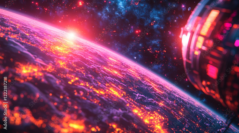 A futuristic space station orbits distant planets in a minimalistic and modern design with a bright tone, creating a sense of space, emptiness, and potential, with room for text and a chaotic touch in A futuristic space station orbits distant planets in a minimalistic and modern design with a bright tone, creating a sense of space, emptiness, and potential, with room for text and a chaotic touch in