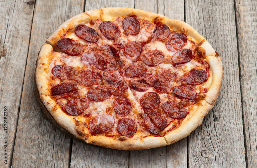 Pizza pepperoni fast food . Top view on rustic background Pizza pepperoni fast food . Top view on rustic background