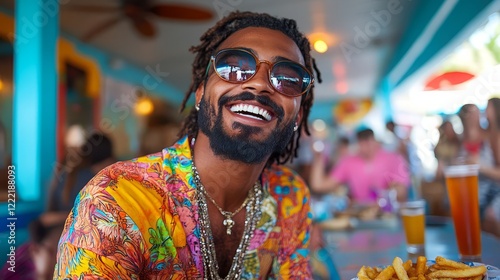 A joyful man enjoying a meal in a vibrant, lively restaurant setting. photo