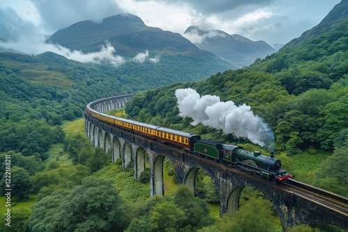 Steam train crossing glenfinnan viaduct in scottish highlands photo