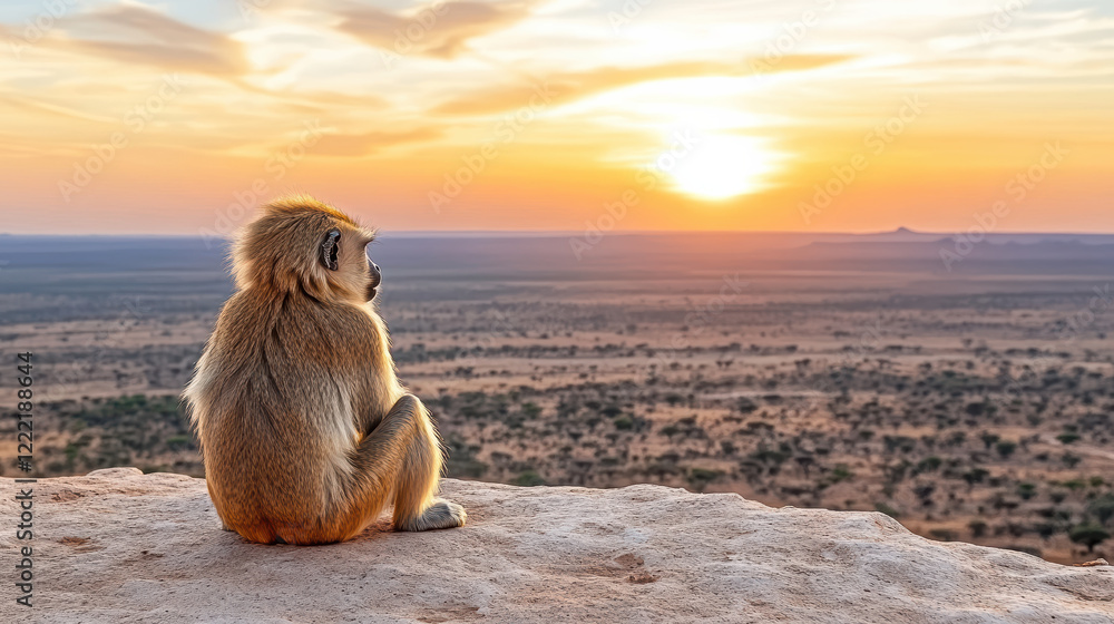Naklejka premium baboon sitting on rock, gazing at sunset over landscape