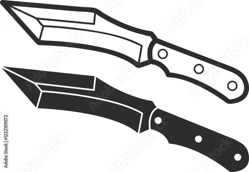 Two icons of an army combat knife in two versions, line and silhouette in black colors, an icon of a knife that cuts, stabs and chops.