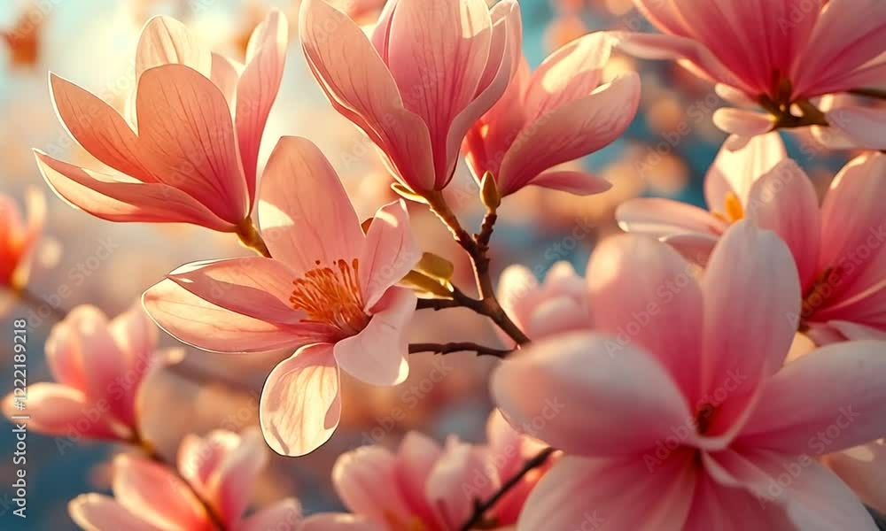 Beautiful magnolia blossoms in soft sunlight, creating a serene atmosphere in a spring garden Beautiful magnolia blossoms in soft sunlight, creating a serene atmosphere in a spring garden