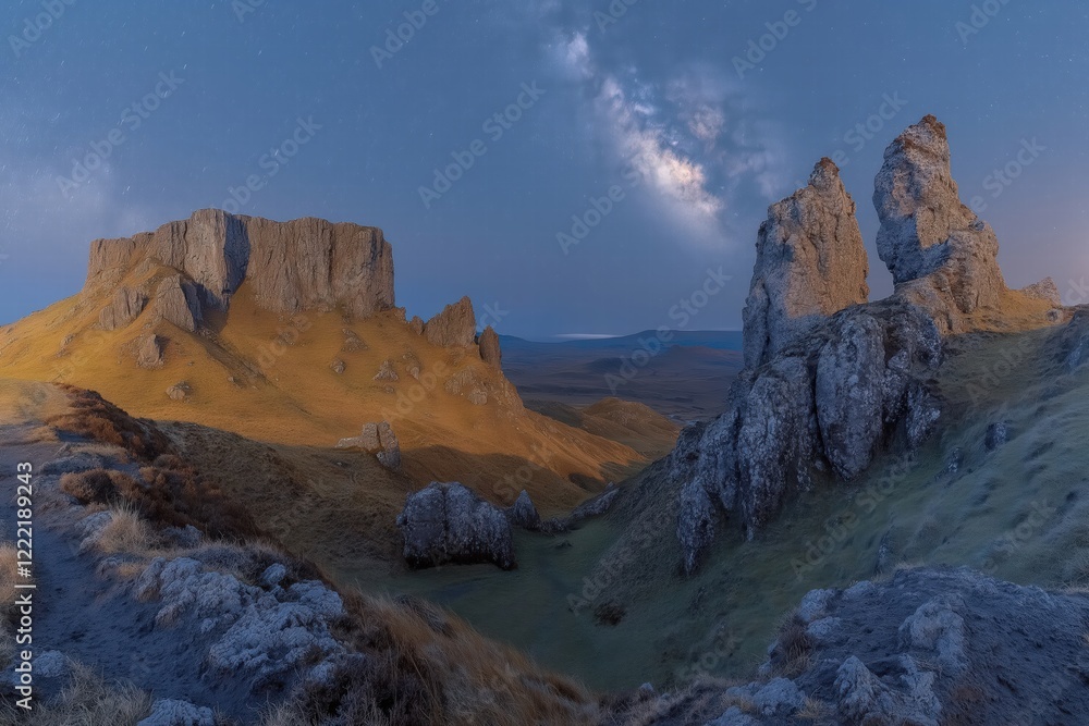 Obraz premium Milky way shining over old man of storr rock formations at dawn in isle of skye, scotland