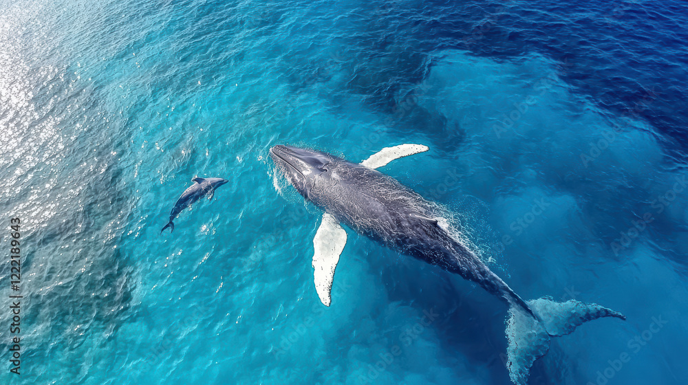 Fototapeta premium blue whale swimming gracefully alongside dolphin in clear waters