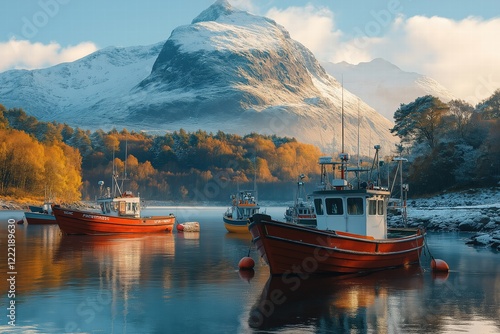 Fishing boats resting on calm water with snowy buachaille etive mor in the background photo