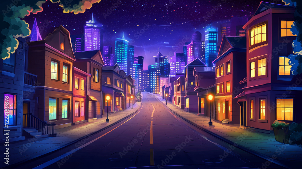 Fototapeta premium City street with houses and buildings with glowing windows at night. Cityscape with empty road, houses and skyscrapers with neon color ligth, vector cartoon illustration