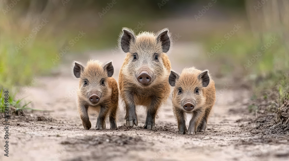 Foraging boar family walking together on dirt path in wild Foraging boar family walking together on dirt path in wild