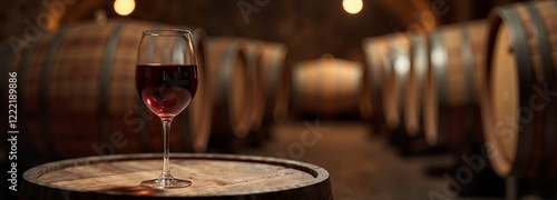 Spanish red wine glass on wooden barrel in cozy cellar, indulgence
