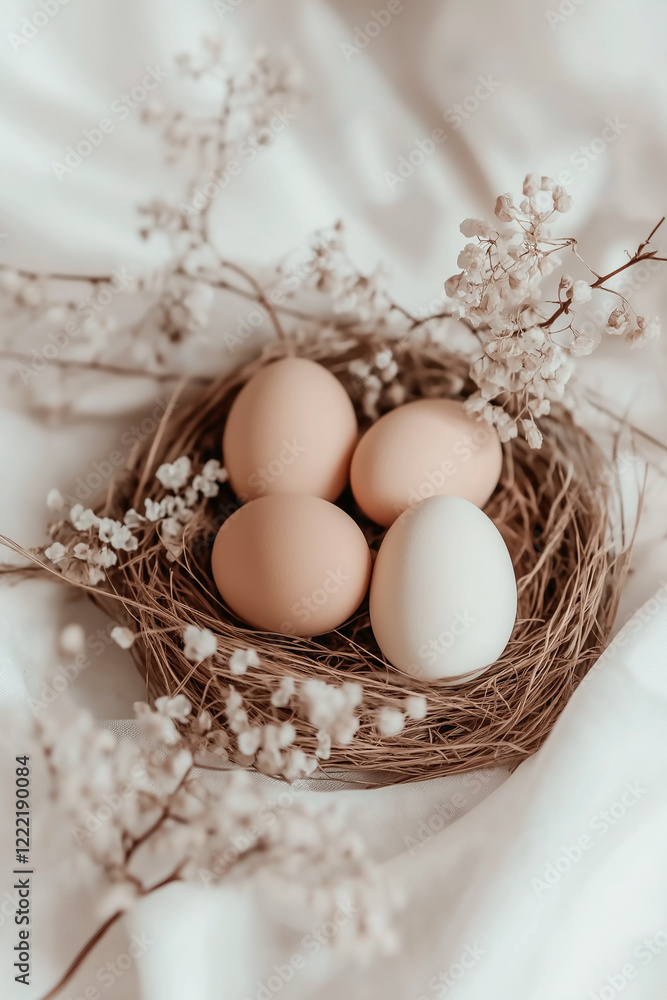 Easter eggs on the plate, nest over table background. pastel colors, flower, celebration. soft light, vertical wallpaper Easter eggs on the plate, nest over table background. pastel colors, flower, celebration. soft light, vertical wallpaper