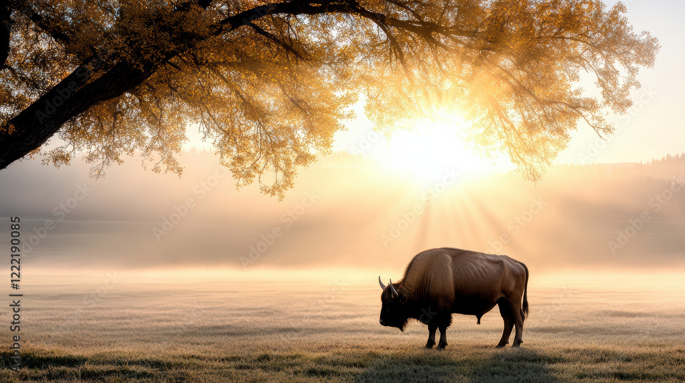 Fototapeta premium buffalo stands in misty morning landscape with soft fog and sunlight