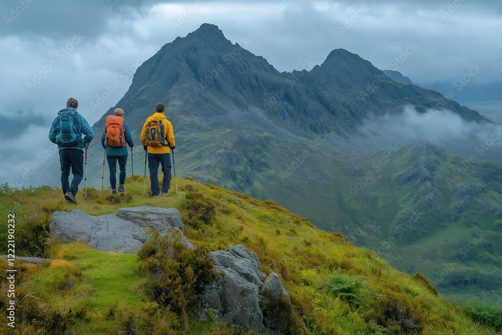 Fototapeta premium Hikers admiring breathtaking mountain view in scotland