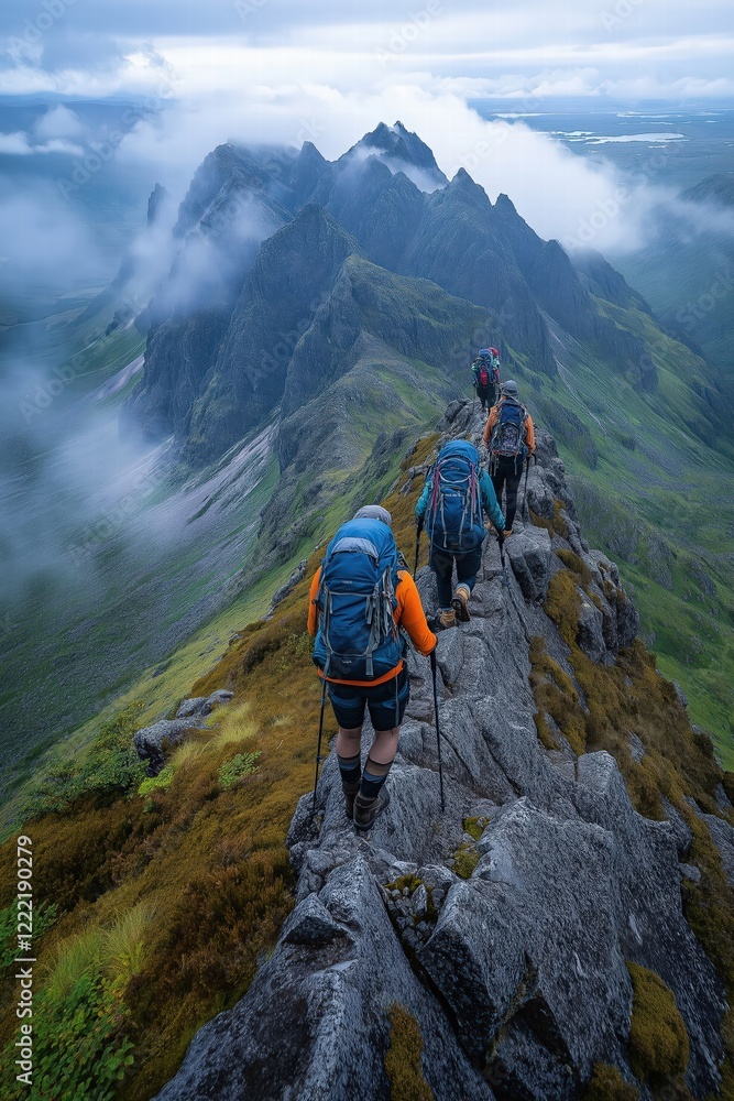 Obraz premium Hikers walking along mountain ridge in misty landscape